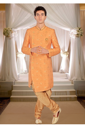 Orange With Gold Color Art Silk Fabric Indo Western